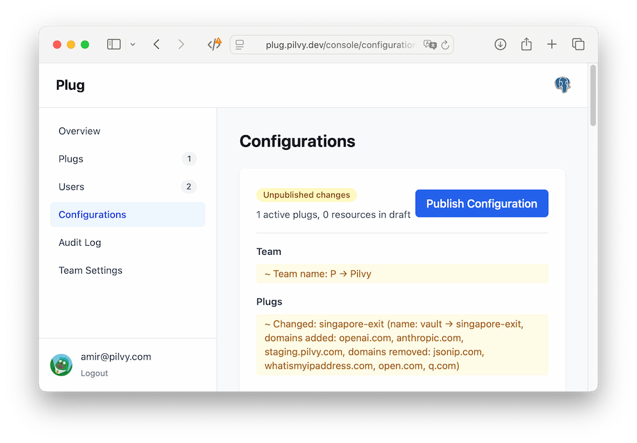 Plug admin console showing configuration changes