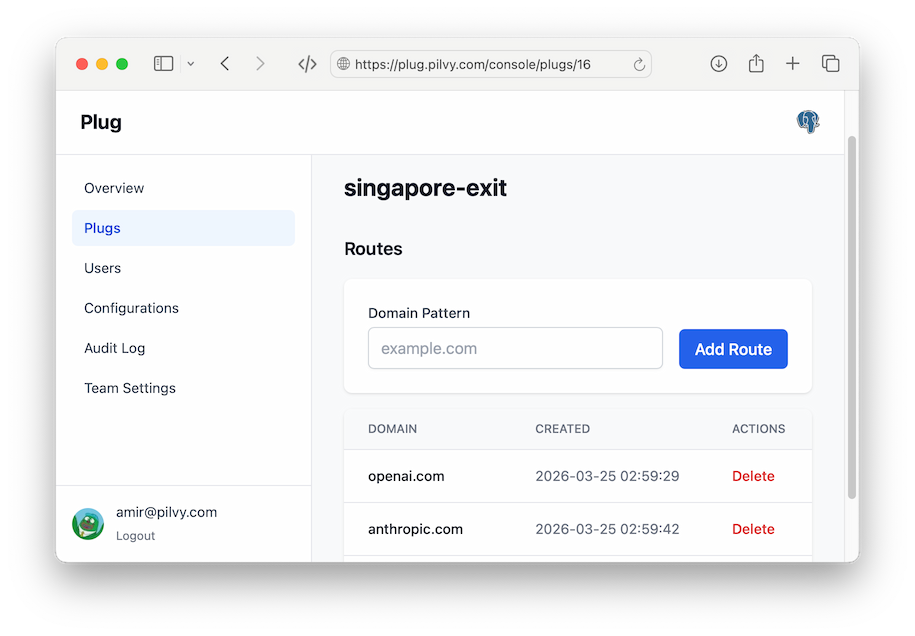 Plug admin console showing route configuration